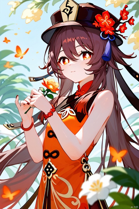  (score_9,score_8_up,score_7_up,score_6_up,score_5_up,score_4_up),1girl, solo, beautiful hair, colorful exquisite dress, holding, jewelry, closed mouth, flower, bracelet, hands up, plant, white flower, hair over shoulder, hu tao \(genshin impact\)