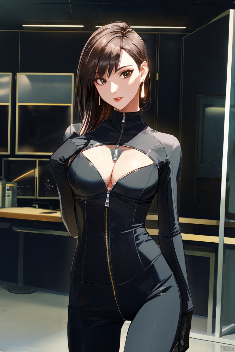  1girl, by ,amazing quality,photorealistic,detailed,beautiful color,beautiful,solo, long hair, breasts, looking at viewer, large breasts, black hair, gloves, cleavage, brown eyes, standing, cowboy shot, earrings, black gloves, indoors, lips, clothing cutout, bodysuit, cleavage cutout, skin tight, zipper, black bodysuit, unzipped, office