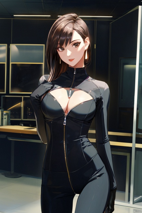  1girl, by ,amazing quality,photorealistic,detailed,beautiful color,beautiful,solo, long hair, breasts, looking at viewer, large breasts, black hair, gloves, cleavage, brown eyes, standing, cowboy shot, earrings, black gloves, indoors, lips, clothing cutout, bodysuit, cleavage cutout, skin tight, zipper, black bodysuit, unzipped, office