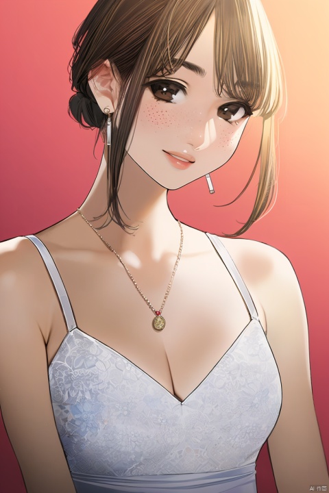  1girl, by yomu,amazing quality,photorealistic,detailed,beautiful color,beautiful,solo, breasts, looking at viewer, short hair, blonde hair, large breasts, brown hair, dress, cleavage, jewelry, earrings, parted lips, necklace, white dress, lips, ring, freckles, realistic