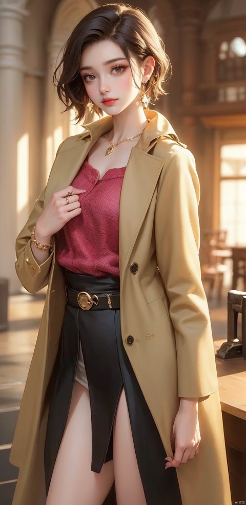  1girl, solo, looking at viewer, short hair, brown hair, jewelry, standing, coat, earrings, belt, necklace, bracelet, makeup, ring, lipstick, watch, red lips, wristwatch, sufei, yunbin