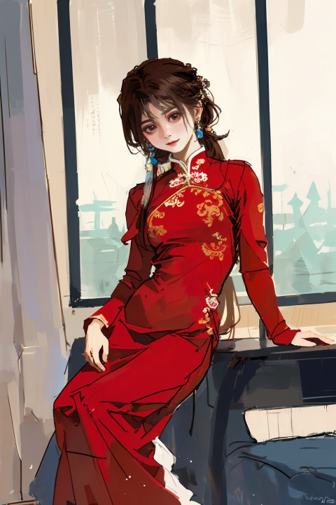  1girl, by shiren,amazing quality,photorealistic,detailed,beautiful color,beautiful,solo, long hair, looking at viewer, smile, brown hair, black hair, red dress, brown eyes, sitting, window, chair, chinese clothes, china dress, realistic