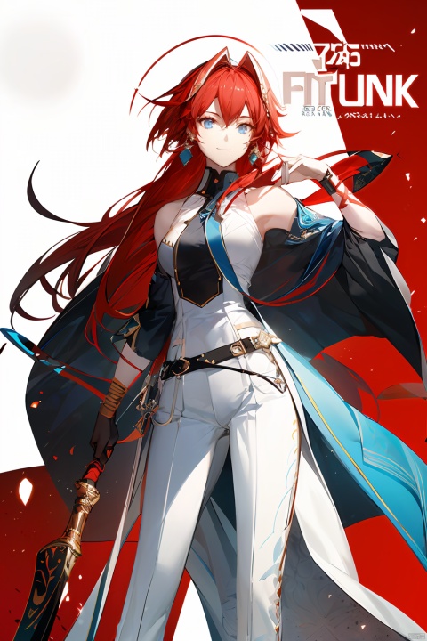  1girl, by kin,amazing quality,photorealistic,detailed,beautiful color,beautiful,solo, long hair, breasts, looking at viewer, smile, bangs, blue eyes, shirt, holding, bare shoulders, jewelry, medium breasts, standing, full body, weapon, necktie, pants, holding weapon, character name, bracelet, english text, red necktie, staff, gold trim, white pants, anklet