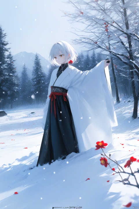  masterpiece,best quality,high quality,(colorful),[Artist miwano rag],[Artist toosaka asagi],[[[Artist wlop]]],[Artist chen bin],Artist Miv4t,in the snow, 1girl, solo, smile, short hair, white hair, brown eyes, jewelry, emotionless,hanfu,chinese_clothes,necklace, web address, snow, snowing, oil-paper,(white theme),(black theme),ink,tree,(red flowers), onnk