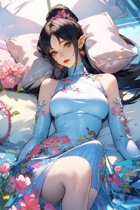  1girl, solo, breasts, looking at viewer, large breasts, black hair, dress, jewelry, earrings, lying, on back, pillow, bed, monster girl, breasts apart, snake, lamia, (\meng ze\)