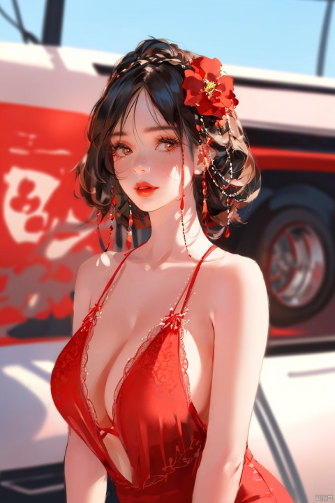 1girl, solo, long hair, huge breasts, looking at viewer, large breasts, brown hair, hair ornament, dress, cleavage, brown eyes, upper body, flower, parted lips, solo focus, hair flower, blurry, lips, see-through, floral print, red dress, ground vehicle, red lips