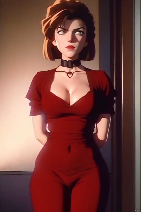  Dvd screengrab, from 1985 dark fantasy film, vintage style art, Kodachrome Photograph of a woman with pronounced hyper - feminine features designed to attract marriage - minded woman, hyper - realistic, high detail, realsitic shadow, cowboy shot, jumpsuits, lace, cleave, v shape collar, collarbone,