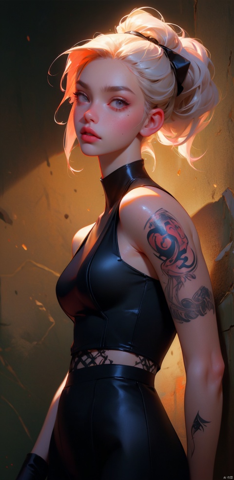  Best Quality, Hyper-Realistic, (Ultra High Resolution), Masterpiece, 8K, RAW Photo, Cover Art, Light, Photo Art, Realistic, Bar and Nightclub,Gangster Girl, Tattoo, Cigarette, Ripped Tights, slicked back hairstyle, staring gaze, graffiti on wall, subtle sneer, rough vibe, rebellious Posture, Loyalty Tattoo, Scar Above Eyebrow, (Danger:1.7) (Tension:1.6) (Cinematic Lighting:1.4),Bar and Nightclub