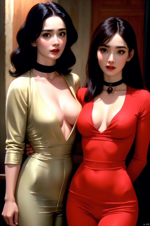  Dvd screengrab, from 1985 dark fantasy film, vintage style art, Kodachrome Photograph of a woman with pronounced hyper - feminine features designed to attract marriage - minded woman, hyper - realistic, high detail, realsitic shadow, cowboy shot, jumpsuits, lace, cleave, v shape collar, collarbone, , yangmi