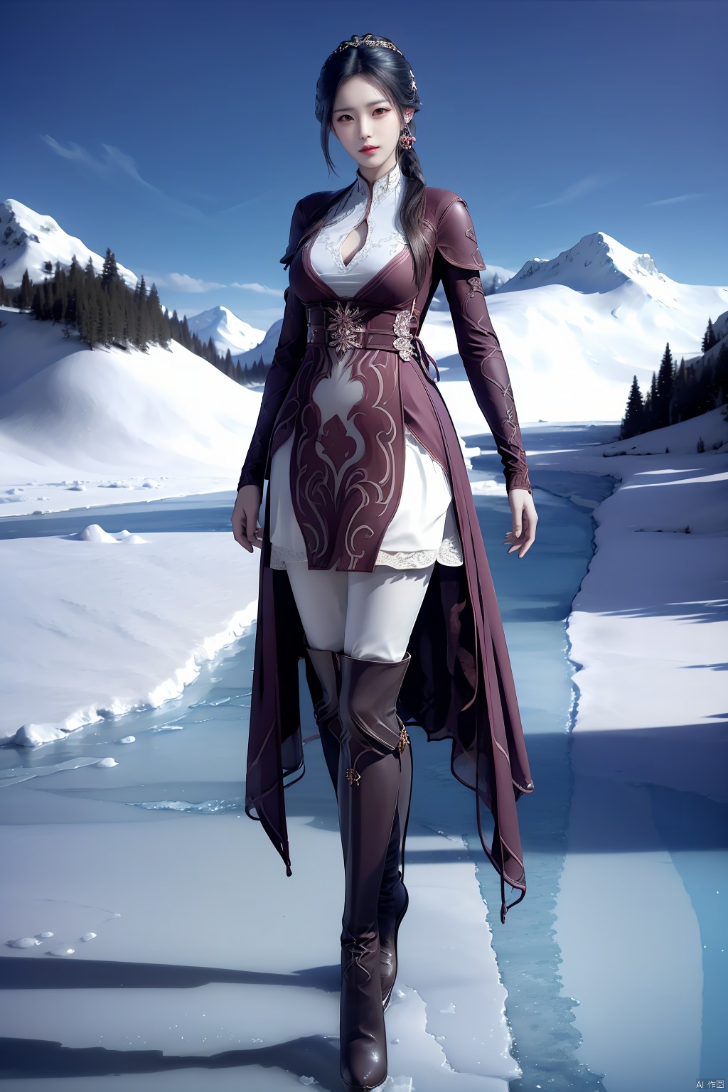 ,1 girl,solo,long hair,thigh,dress,very long hair,,full body,boots,thigh boots,ice,ice,crystal,full body