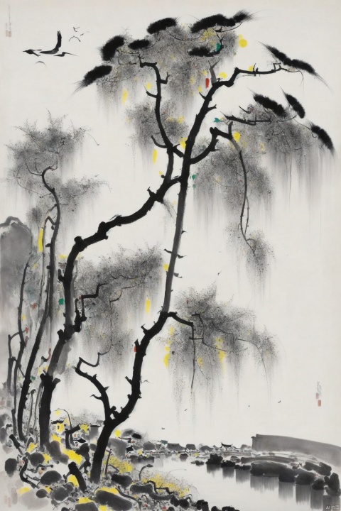bridge, brook, home, withered vines, old trees, cawing crows, wuguanzhong,abstract