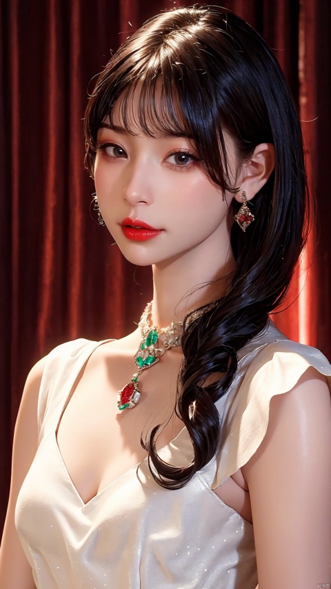  1girl, solo, looking at viewer, short hair, brown hair, black hair, dress, holding, brown eyes, jewelry, standing, earrings, white dress, handbag, red lips