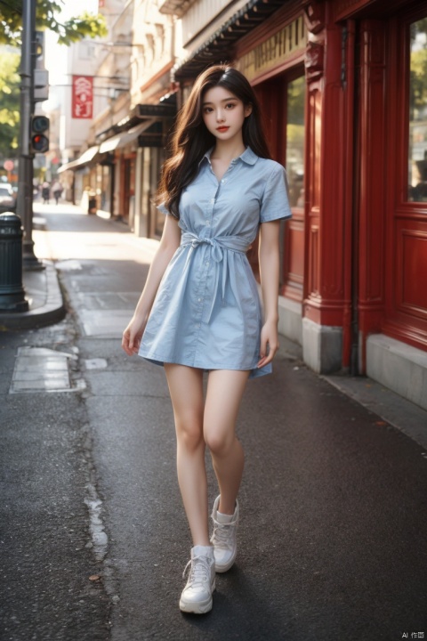 1girl, amazing quality,photorealistic,detailed,beautiful color,beautiful,solo, long hair, breasts, looking at viewer, brown hair, black hair, dress, brown eyes, standing, full body, short sleeves, lips, blue dress, shadow, short dress, white footwear, blue shirt, realistic, arms at sides