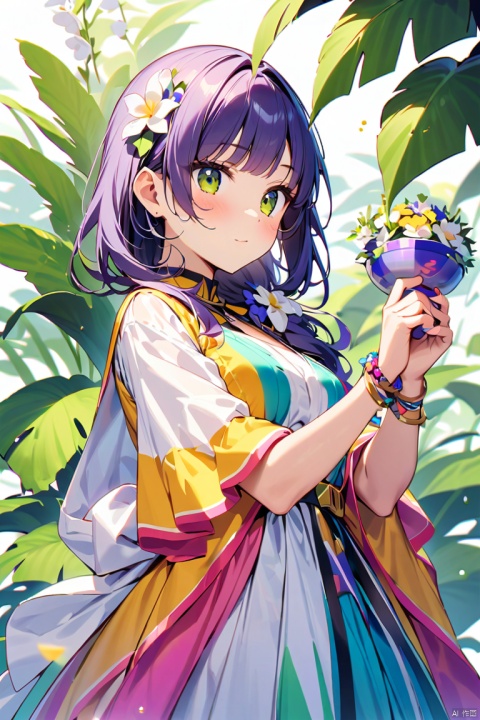  (score_9,score_8_up,score_7_up,score_6_up,score_5_up,score_4_up),1girl, solo, beautiful hair,colorful exquisite dress, holding, jewelry, closed mouth, flower, bracelet, hands up, plant, white flower, hair over shoulder,Tenka Izumo\(Mato Seihei no Slave\)