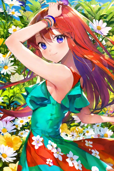 (score_9,score_8_up,score_7_up,score_6_up,score_5_up,score_4_up),1girl, solo, beautiful hair,colorful exquisite dress, holding, jewelry, closed mouth, flower, bracelet, hands up, plant, white flower, hair over shoulder,Kyouka Uzen\(Mato Seihei no Slave\)