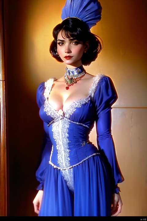  Dvd screengrab, from 1985 dark fantasy film, vintage style art, Kodachrome Photograph of a woman with pronounced hyper - feminine features designed to attract marriage - minded woman, hyper - realistic, high detail, realsitic shadow, cowboy shot, jumpsuits, lace, cleave, v shape collar, collarbone, r_ap82_, 