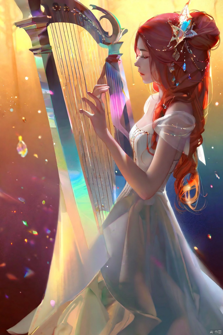 by ask, (from side:1.0), (Red long hair:1.0), (Hair adorned with fine pearls:1.0), (sacred:1.0), (Blue light gauze dress:1.0), ( :1.1), (Play the transparent harp:1.2), (Fragmented light dots:1.0), (Dawn:1.0), (fluorescence:0.8), (Crystal and transparent:1.0), (Flowing light and overflowing colors:1.0), (sit:1.0), (Close range:1.0), , (by wlop:0.6), (impasto, oil painting:1.2), detailed features, pseudo-impasto, best quality, (detailed features, flat color:1.2), (lineart, flat-pasto:0.3)