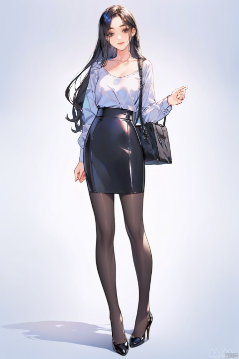 1girl, solo, long hair, breasts, looking at viewer, skirt, simple background, brown hair, shirt, long sleeves, white background, brown eyes, closed mouth, standing, collarbone, full body, white shirt, pantyhose, black skirt, bag, black footwear, high heels, black pantyhose, crossed arms, pencil skirt, high-waist skirt, handbag, office lady, 1girl, cacao