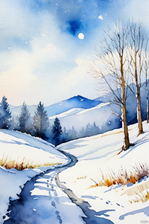  last snow, exhale white breath, goodbye for a while, watercolor painting illustration, traditional media, impressionism, rating:safe 4k, best quality, masterpiece