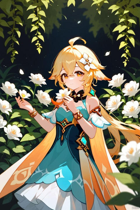 (score_9,score_8_up,score_7_up,score_6_up,score_5_up,score_4_up),1girl, solo, beautiful hair, colorful exquisite dress, holding, jewelry, closed mouth, flower, bracelet, hands up, plant, white flower, hair over shoulder, furina \(genshin impact\)