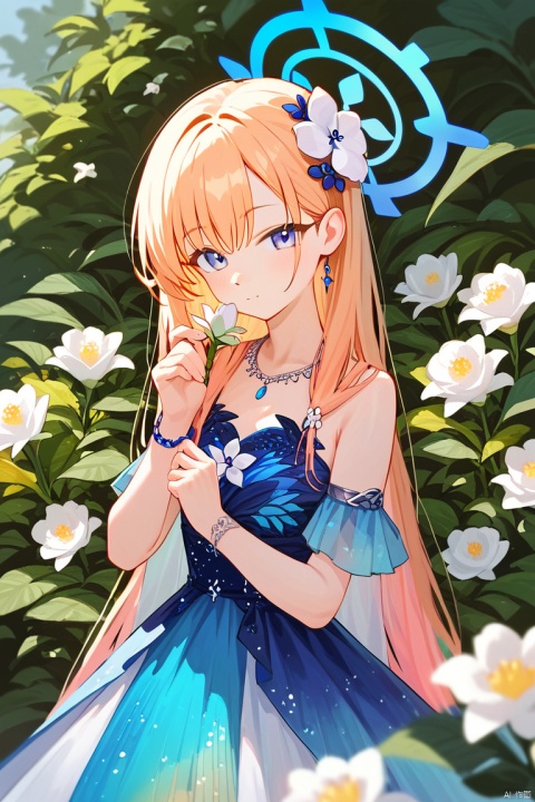  (score_9,score_8_up,score_7_up,score_6_up,score_5_up,score_4_up),1girl, solo, beautiful hair, colorful exquisite dress, holding, jewelry, closed mouth, flower, bracelet, hands up, plant, white flower, hair over shoulder, Ichika \(blue archive\)