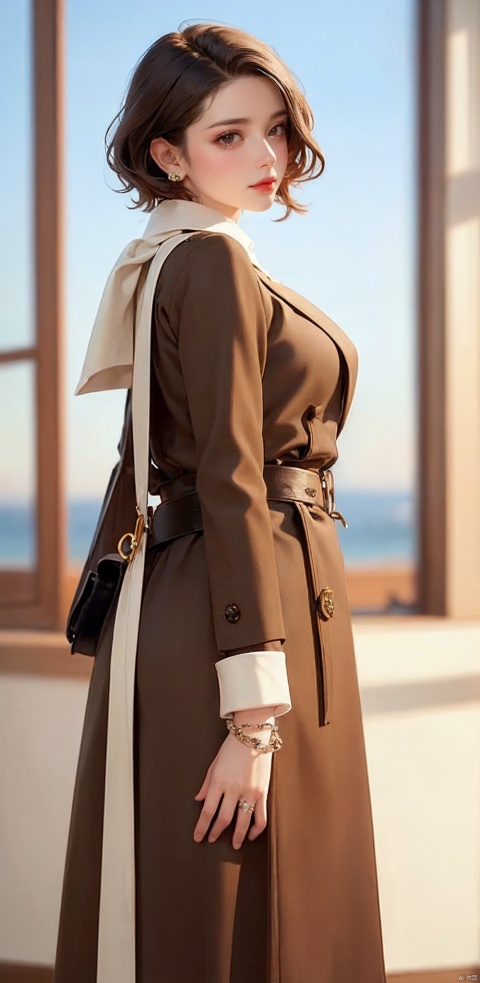  1girl, solo, looking at viewer, short hair, brown hair, jewelry, standing, coat, earrings, belt, necklace, bracelet, makeup, ring, lipstick, watch, red lips, wristwatch, sufei, yunbin