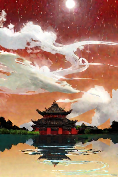 by narue, by agm, (score_9,score_8_up,score_7_up,score_6_up,score_5_up), ancient chinese style, round red sun, The clouds darken as if about to rain, the water ripples and mist rises, amidst the thunderous roar of lightning splitting the sky asunder