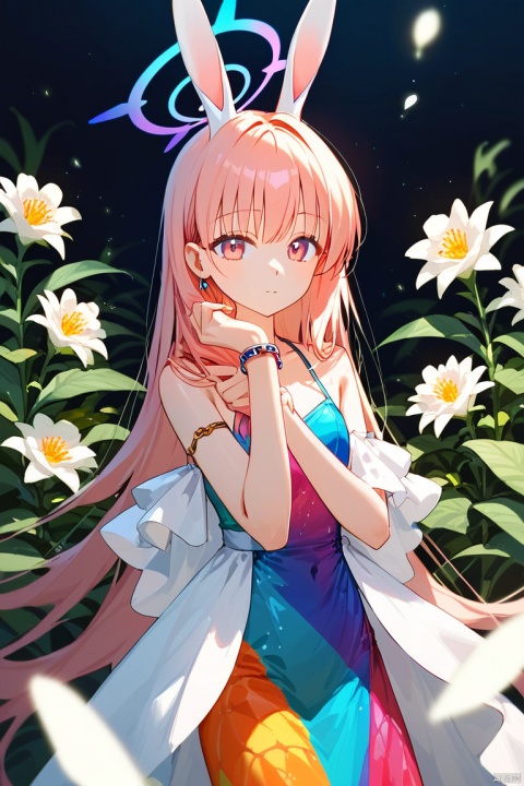  (score_9,score_8_up,score_7_up,score_6_up,score_5_up,score_4_up),1girl, solo, beautiful hair, colorful exquisite dress, holding, jewelry, closed mouth, flower, bracelet, hands up, plant, white flower, hair over shoulder, Ichika \(bunny\) \(blue archive\)
