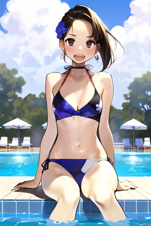  1boy and 1girl,by yomu,amazing quality,photorealistic,detailed,beautiful color,beautiful,long hair, breasts, looking at viewer, blush, smile, open mouth, bangs, multiple girls, blonde hair, brown hair, black hair, hair ornament, navel,  cleavage, bare shoulders, brown eyes, medium breasts, sitting, closed mouth, collarbone, swimsuit, flower, bikini, thighs, small breasts, outdoors, choker, day, hair flower, medium hair, water, stomach, side-tie bikini bottom, black choker, floral print, blue bikini, pool, soaking feet, poolside,