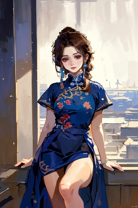  1girl, by shiren,amazing quality,photorealistic,detailed,beautiful color,beautiful,solo, long hair, looking at viewer, smile, brown hair, black hair, dress, brown eyes, sitting, window, chair, chinese clothes, china dress, realistic