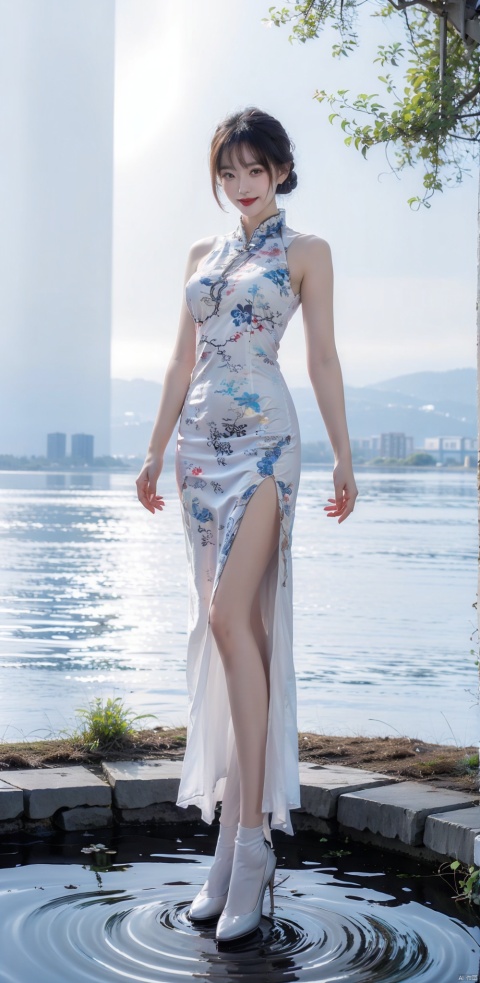  (Best quality, masterpiece, details), (red:1.5), full body, 1 girl, beautiful face, side slit lace dress, white knee socks, plump figure, smile, red crowned crane, complex clothing, exquisite plantdepiction,floralbackground,details,highlydetailed,fullofhiddendetails,realskin,redandturquoise,hydrangea,blue,(mountain),(River), 1girl, ,moyou, yunbin, china dress\(haihang\)