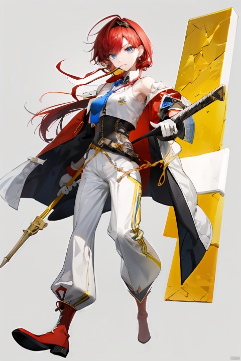  1girl, by myung yi,amazing quality,photorealistic,detailed,beautiful color,beautiful,solo, long hair, breasts, looking at viewer, smile, bangs, blue eyes, shirt, holding, bare shoulders, jewelry, medium breasts, standing, full body, weapon, necktie, pants, holding weapon, character name, bracelet, english text, red necktie, staff, gold trim, white pants, anklet