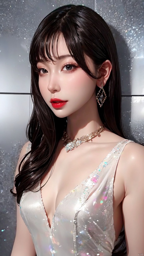 1girl, solo, looking at viewer, short hair, brown hair, black hair, dress, holding, brown eyes, jewelry, standing, earrings, white dress, handbag, red lips