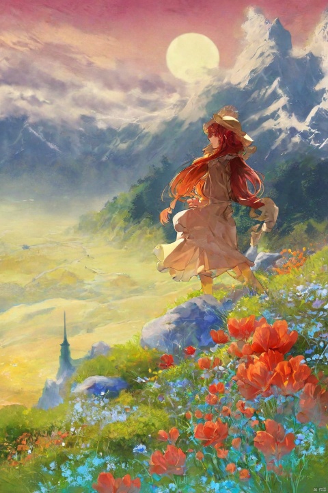 by mika pikazo, the image presents a surrealistic landscape scene. dominating the background is a large mountain, adorned with a red orange hue that transitions into deep orange and brown hues near the peak. the mountain's top is capped with a red light, adding an eerie glow to the scene. in the foreground, there's a tree with gnarled branches reaching out towards the sky, reminiscent of a bony hand. this tree appears to be made of black lines against a backdrop of red orange clouds. above, the night sky is visible, with the moon casting a soft white light. despite being set at night, the colors and lighting give the scene a dreamy and ethereal quality., romantic impressionism, dream scenery art, beautiful oil matte painting, romantic, style of thomas kinkade, beautiful digital painting, anime landscape, romantic painting, thomas kinkade style painting, dreamlike digital painting, colorful painting, beautiful gorgeous digital art, style thomas kinkade

