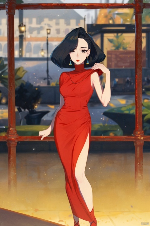  1girl, by hata,amazing quality,photorealistic,detailed,beautiful color,beautiful,solo, looking at viewer, black hair, dress, holding, brown eyes, jewelry, standing, full body, earrings, indoors, black footwear, blurry, red dress, realistic, red lips, carpet