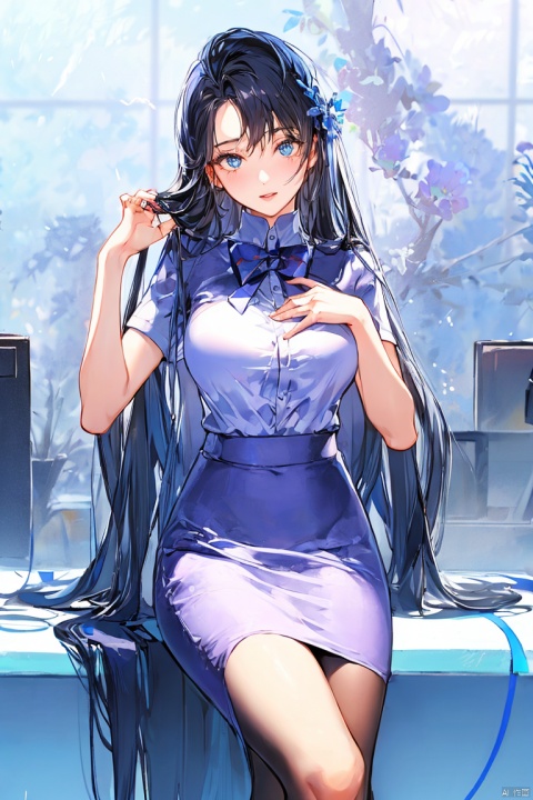 1girl, solo, long hair, breasts, looking at viewer, blush, blue eyes, skirt, large breasts, shirt, black hair, bow, standing, white shirt, short sleeves, pantyhose, cowboy shot, parted lips, collared shirt, bowtie, black skirt, lips, black pantyhose, covered navel, blue bow, hand on own chest, pencil skirt, high-waist skirt, brown skirt, shirt tucked in, office lady, longlegs, Ink scattering_Chinese style