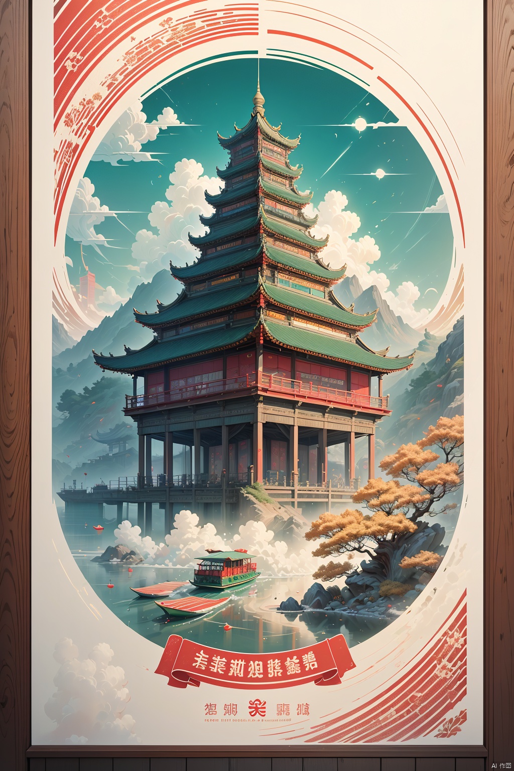  Vector illustration, Hangzhou city iconic, green and red colors, Hangzhou West Lake, inspired pattern lines of smart style, graphic design poster art, bold lines, smooth lines, classic patterns and themes, woodcut prints, detailed character design, white background