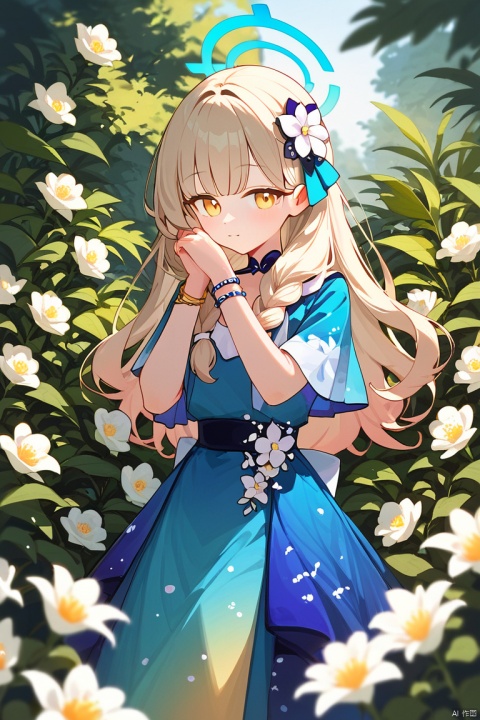  (score_9,score_8_up,score_7_up,score_6_up,score_5_up,score_4_up),1girl, solo, beautiful hair, colorful exquisite dress, holding, jewelry, closed mouth, flower, bracelet, hands up, plant, white flower, hair over shoulder,Sakurako\(blue archive\)