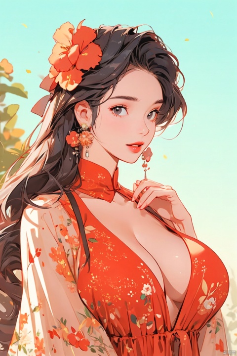  1girl, solo, long hair, huge breasts, looking at viewer, large breasts, brown hair, hair ornament, dress, cleavage, brown eyes, upper body, flower, parted lips, solo focus, hair flower, blurry, lips, see-through, floral print, red dress, ground vehicle, red lips, klein_blue, cat gril, (\ji jian\)