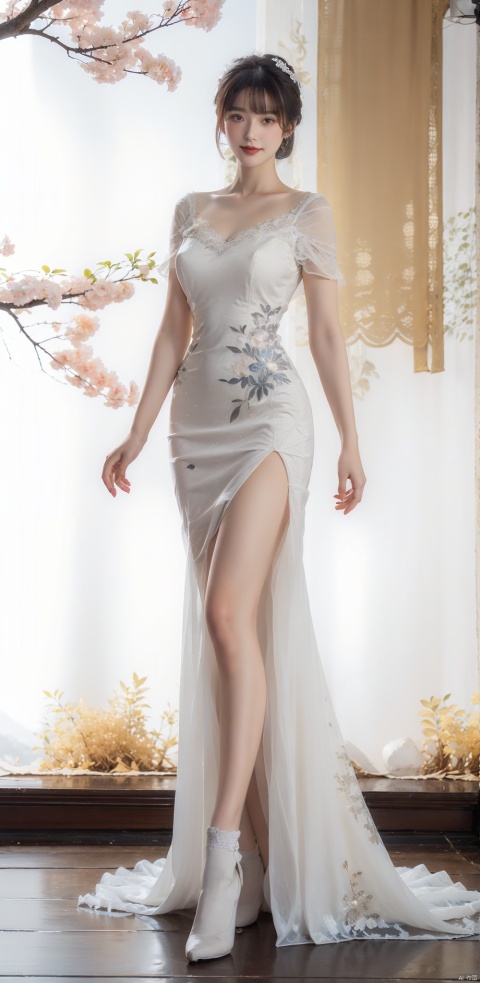  (Best quality, masterpiece, details), (red:1.5), full body, 1 girl, beautiful face, side slit lace dress, white knee socks, plump figure, smile, red crowned crane, complex clothing, exquisite plantdepiction,floralbackground,details,highlydetailed,fullofhiddendetails,realskin,redandturquoise,hydrangea,blue,(mountain),(River), 1girl, ,moyou, yunbin