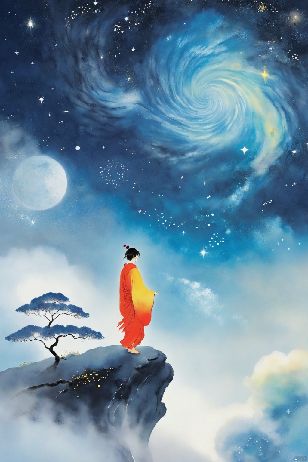  Tie dyeing style, Tie dyeing,Shinkai Makoto style, a whimsical digital illustration of a solitary figure standing on a cliff overlooking the vast starry sky. The figure has a wistful expression, his hair blown by the wind and his robe flowing. The sky is filled with rotating galaxies and constellations, creating a fantastic atmosphere. Bright colors, ethereal lights