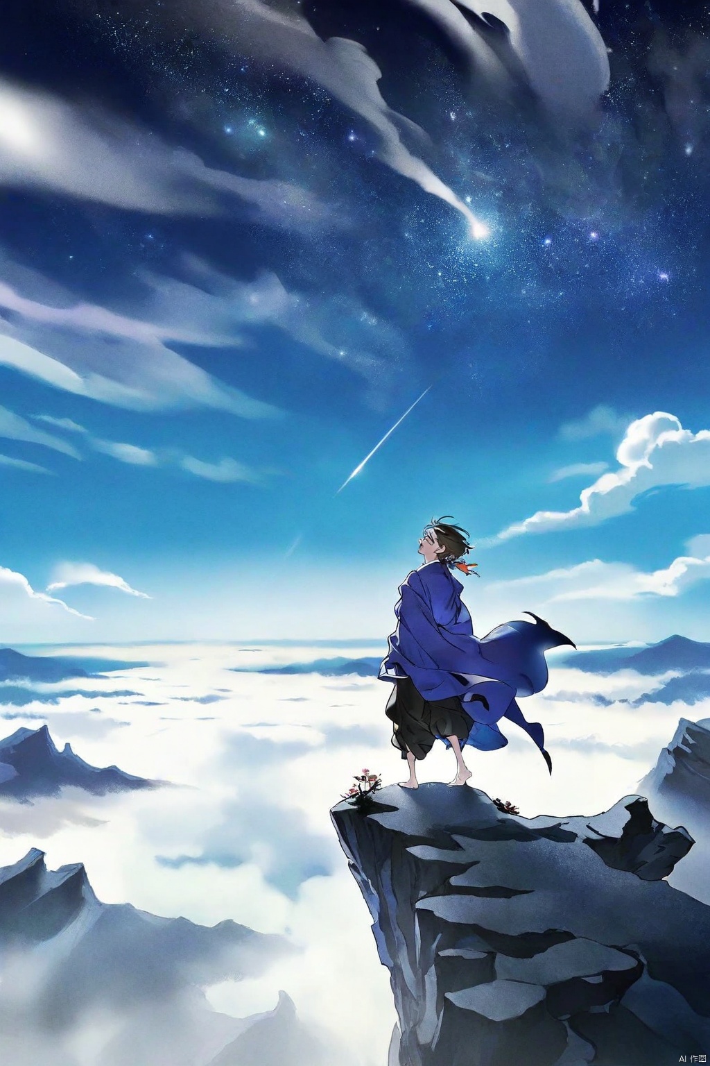 by yoneyama mai,by mika pikazo, celestial whimsy: A solitary figure stands on a windswept cliff, wistfulness etched on his face as he gazes upon the boundless starry expanse. His hair flows like wisps of cloud, robe billowing behind him. The sky above twinkles with rotating galaxies and constellations, casting an otherworldly glow. Tie-dye colors swirl in a cosmic dance, illuminated by ethereal lights.