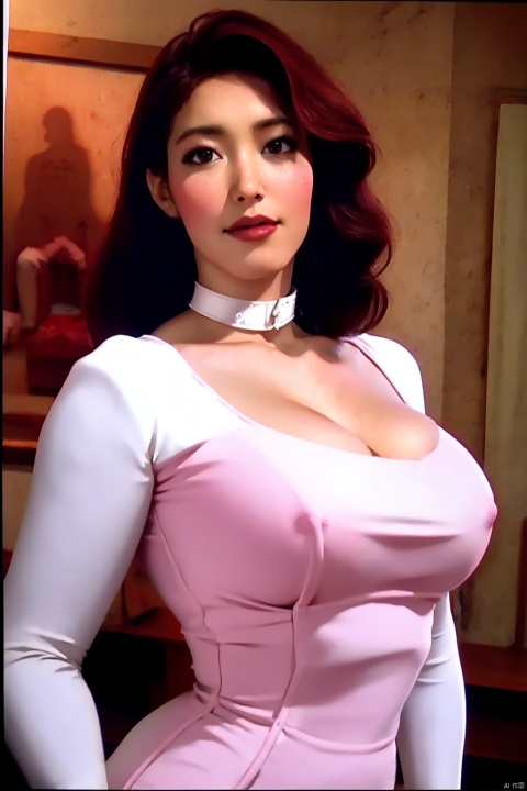  Dvd screengrab, from 1985 dark fantasy film, vintage style art, Kodachrome Photograph of a woman with pronounced hyper - feminine features designed to attract marriage - minded woman, hyper - realistic, high detail, realsitic shadow, cowboy shot, jumpsuits, lace, cleave, v shape collar, collarbone, asahi_mizuno