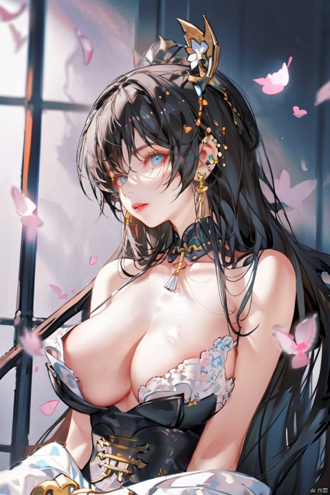  1girl, solo, long hair, huge breasts, looking at viewer, large breasts, brown hair, hair ornament, dress, cleavage, brown eyes, upper body, flower, parted lips, solo focus, hair flower, blurry, lips, see-through, floral print, red dress, ground vehicle, red lips, klein_blue, cat gril, (\ji jian\), pink fantasy