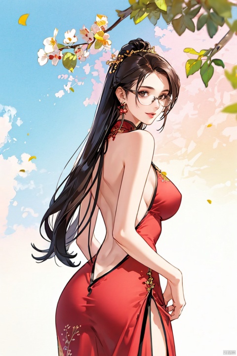 1girl, solo, long hair, breasts, looking at viewer, smile, large breasts, brown hair, dress, bare shoulders, jewelry, ass, earrings, parted lips, glasses, looking back, dark skin, from behind, nail polish, dark-skinned female, lips, back, red dress, red nails, backless outfit, bare back, against wall, backless dress, hanfu , hair ornament , chinese clothes, Zhangdaqian, longlegs
