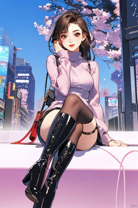 1girl, solo, long hair, looking at viewer, brown hair, thighhighs, long sleeves, holding, brown eyes, jewelry, sitting, full body, earrings, boots, shorts, artist name, bag, black footwear, high heels, sweater, lips, book, shadow, thigh boots, black shorts, crossed legs, plant, high heel boots, realistic, red sweater, Gauze Skirt, , mLD, longlegs