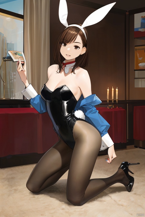  1girl, solo, amazing, impasto, detailed, beautiful color, by yomu, long hair, breasts, looking at viewer, bangs, brown hair, animal ears, cleavage, jacket, pantyhose, parted lips, open clothes, choker, shiny, indoors, black footwear, rabbit ears, leotard, open jacket, lips, shiny skin, book, kneeling, fake animal ears, highleg, black choker, playboy bunny, curtains, black leotard, shiny clothes, realistic, lamp, book stack, carpet