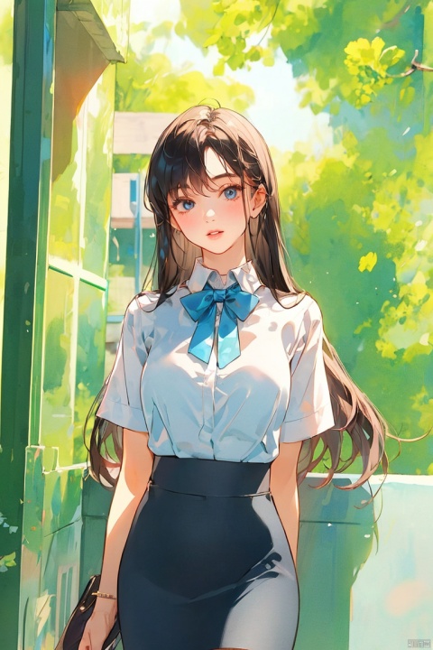 1girl, solo, long hair, breasts, looking at viewer, blush, blue eyes, skirt, large breasts, shirt, black hair, bow, standing, white shirt, short sleeves, pantyhose, cowboy shot, parted lips, collared shirt, bowtie, black skirt, lips, black pantyhose, covered navel, blue bow, hand on own chest, pencil skirt, high-waist skirt, brown skirt, shirt tucked in, office lady, longlegs, Ink scattering_Chinese style, watercolor