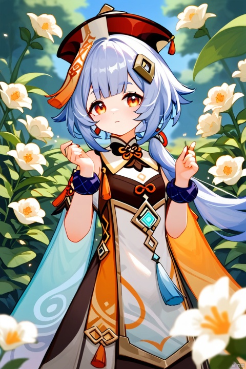  (score_9,score_8_up,score_7_up,score_6_up,score_5_up,score_4_up),1girl, solo, beautiful hair, colorful exquisite dress, holding, jewelry, closed mouth, flower, bracelet, hands up, plant, white flower, hair over shoulder, qiqi \(genshin impact\)