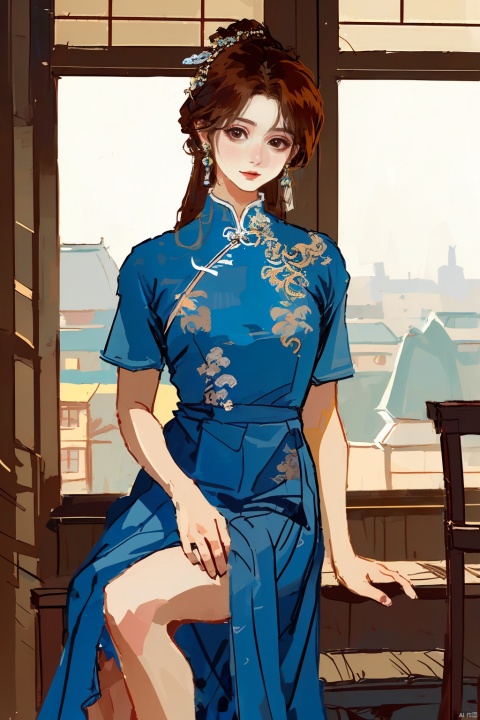  1girl, by shiren,amazing quality,photorealistic,detailed,beautiful color,beautiful,solo, long hair, looking at viewer, smile, brown hair, black hair, dress, brown eyes, sitting, window, chair, chinese clothes, china dress, realistic
